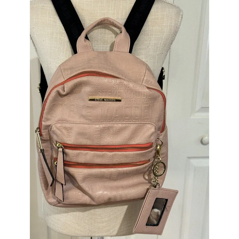Steve Madden Bprep Blush Pink/Gold Embossed Faux Leather Backpack Purse 12